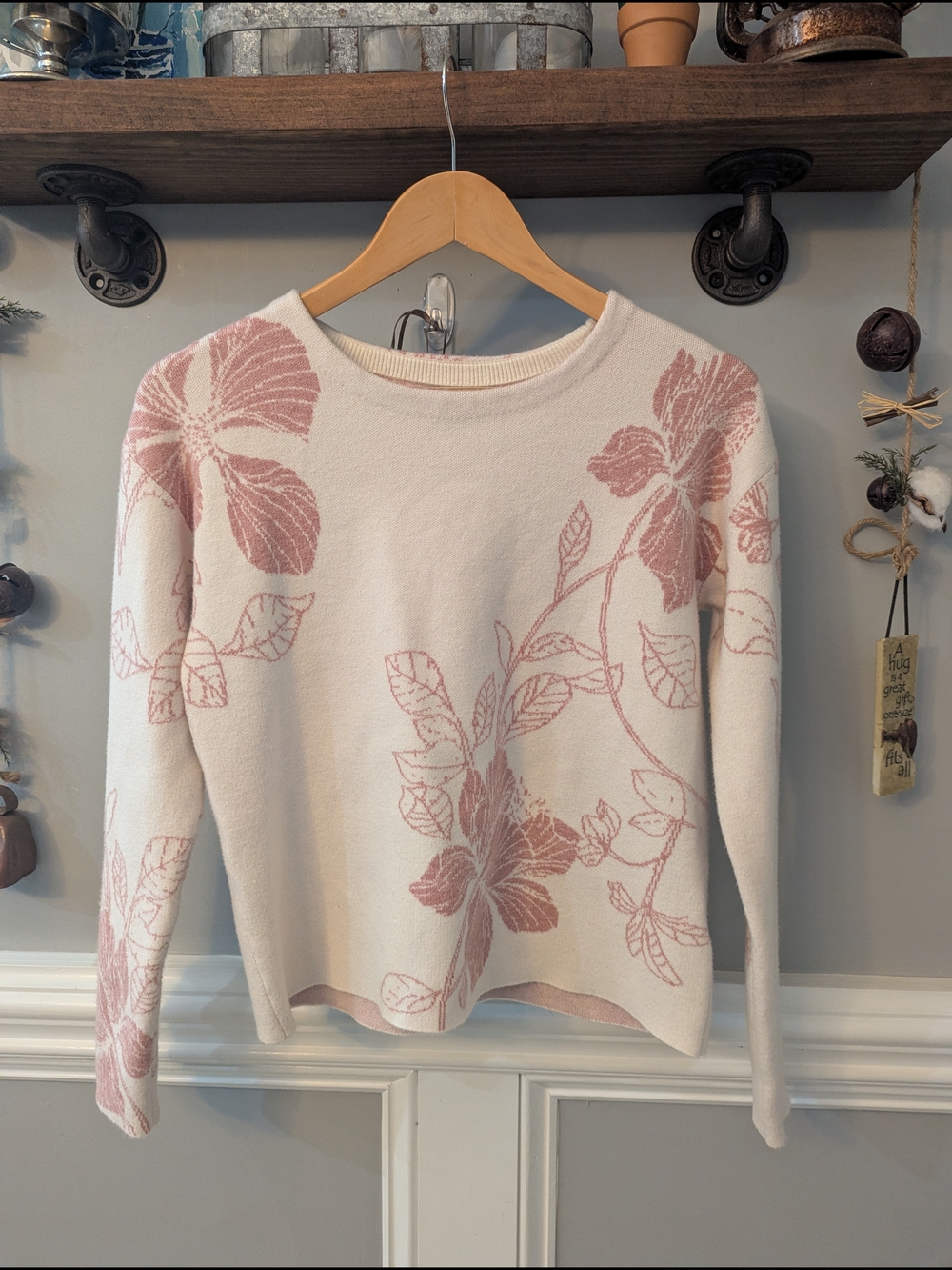 Tahari Pink Floral Crewneck Sweater on Cream